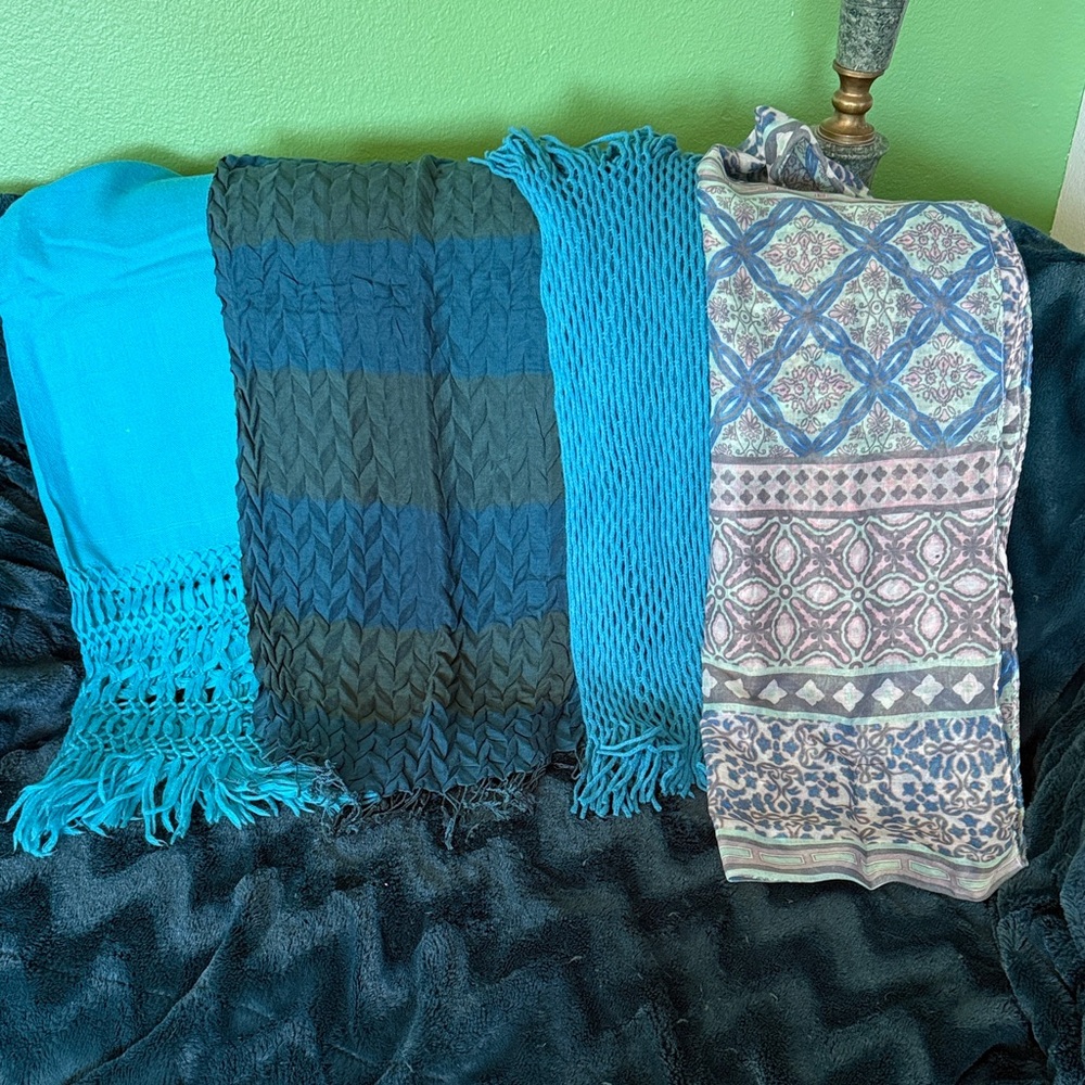 Set of Four Stylish Scarves in Blue and Patterned Designs